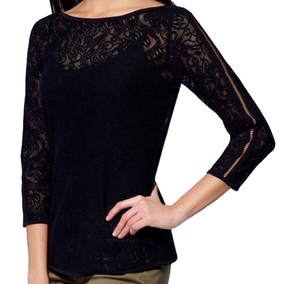 Cache Black Lace 3 Quarter Sleeve Sheer Stretch Cut Out Pullover Top Womens XS - Picture 1 of 8